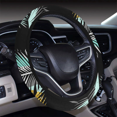 Gold Glitter Cyan Tropical Palm Leaves Steering Wheel Cover with Elastic Edge