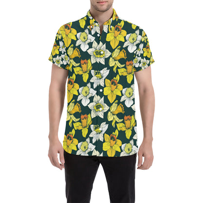 Daffodils Pattern Print Design DF02 Men's Short Sleeve Button Up Shirt