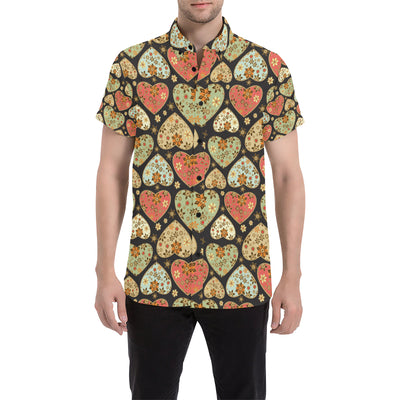 Heart Boho Pattern Print Design HE04 Men's Short Sleeve Button Up Shirt