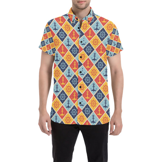 Nautical Pattern Design Themed Print Men's Short Sleeve Button Up Shirt