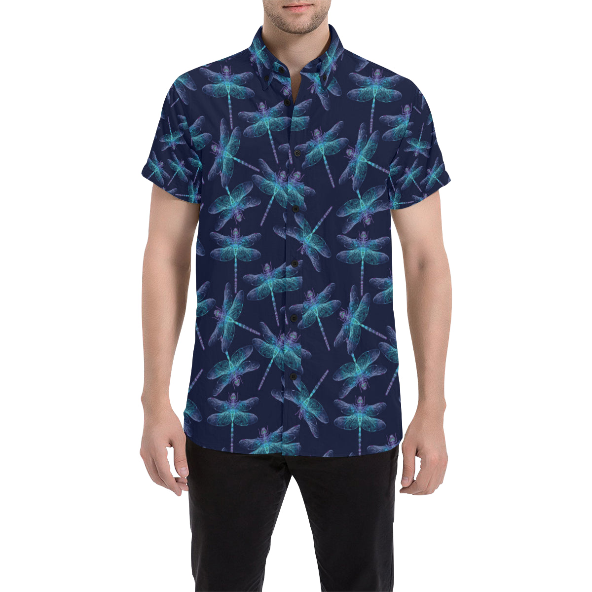 Dragonfly Hand Drawn Style Print Men's Short Sleeve Button Up Shirt