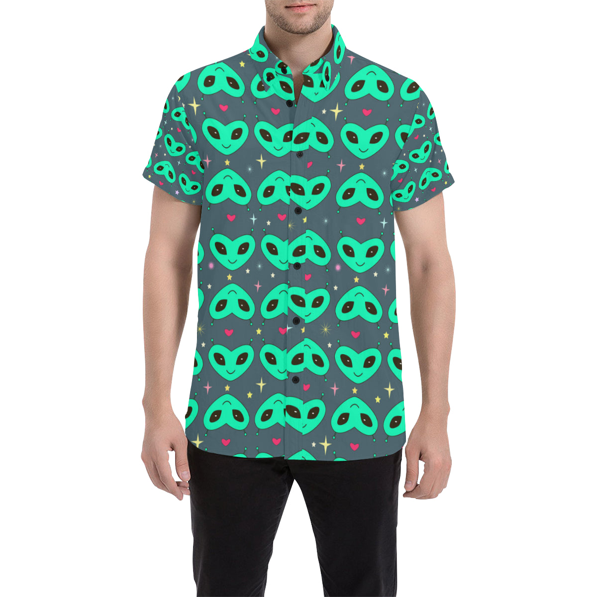 Alien Head Heart Pattern Print Design 03 Men's Short Sleeve Button Up Shirt