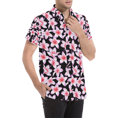 Pink Plumeria Pattern Print Design PM09 Men's Short Sleeve Button Up Shirt
