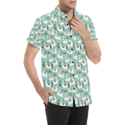 Llama with Cactus Themed Print Men's Short Sleeve Button Up Shirt