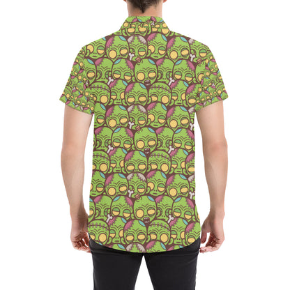 Zombie Head Design Pattern Print Men's Short Sleeve Button Up Shirt