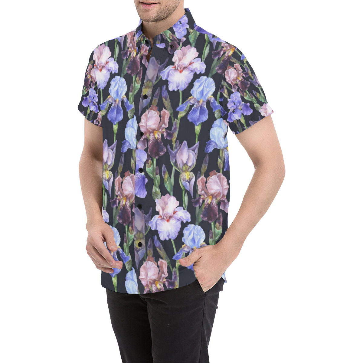 Iris Pattern Print Design IR04 Men's Short Sleeve Button Up Shirt