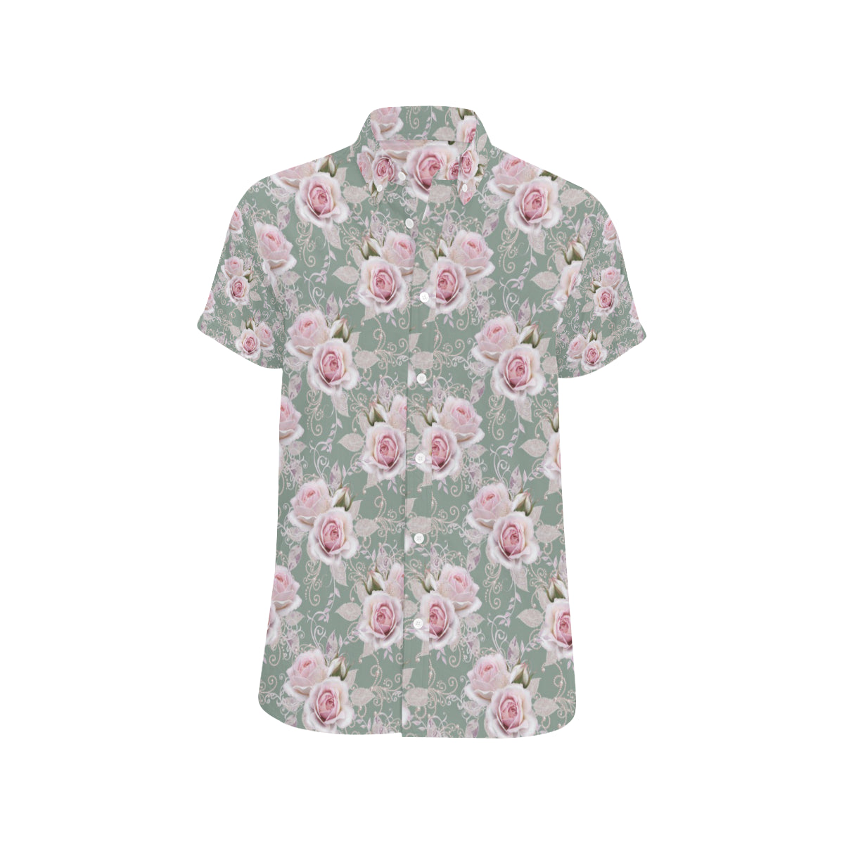 Rose White Pattern Print Design RO012 Men's Short Sleeve Button Up Shirt
