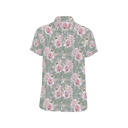 Rose White Pattern Print Design RO012 Men's Short Sleeve Button Up Shirt