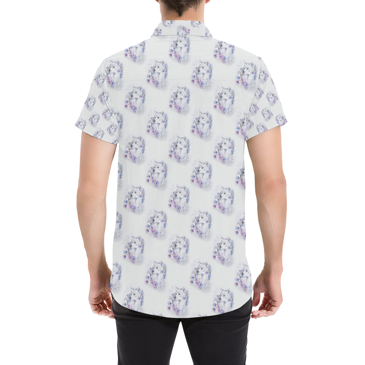 Wolf with Flower Print Design Men's Short Sleeve Button Up Shirt
