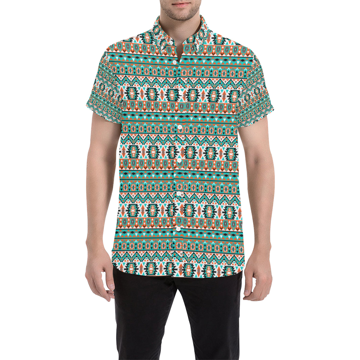 Indian Navajo Ethnic Themed Design Print Men's Short Sleeve Button Up Shirt