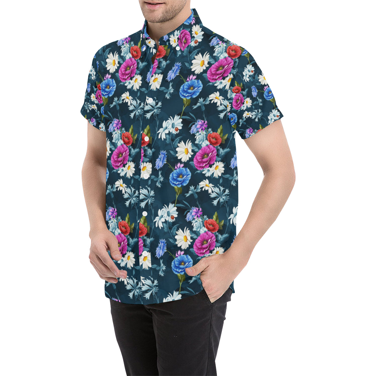 Floral Blue Themed Print Men's Short Sleeve Button Up Shirt