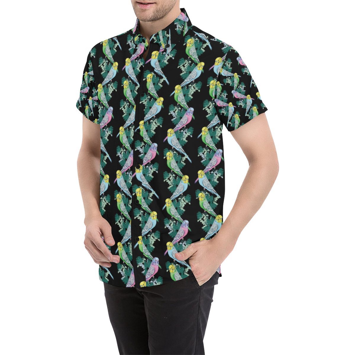 Budgerigar Pattern Print Design 03 Men's Short Sleeve Button Up Shirt