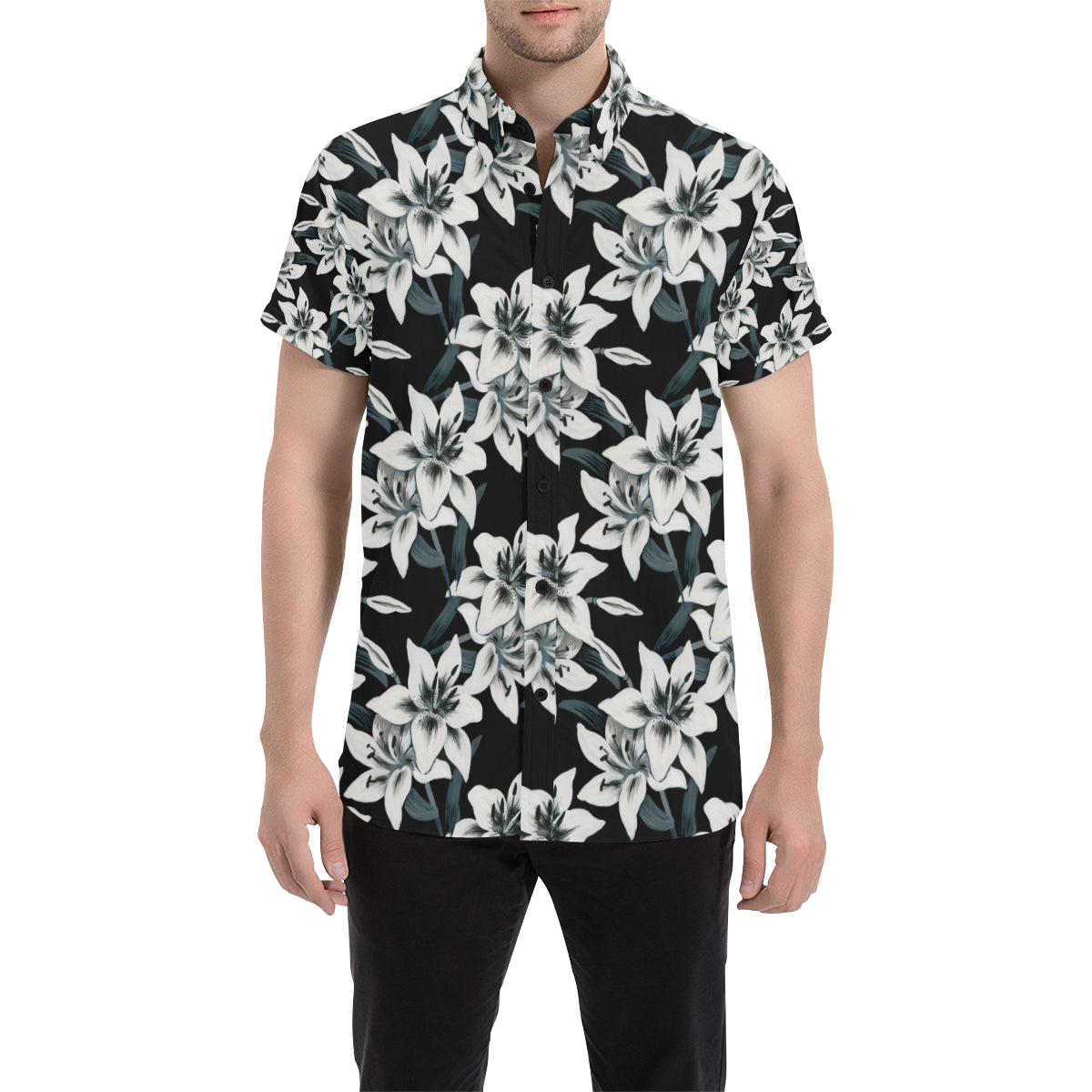 Lily Pattern Print Design 03 Men's Short Sleeve Button Up Shirt
