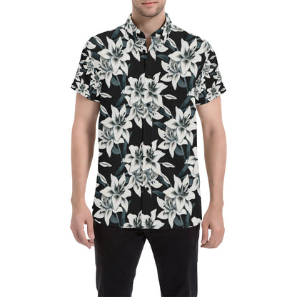 Lily Pattern Print Design 03 Men's Short Sleeve Button Up Shirt