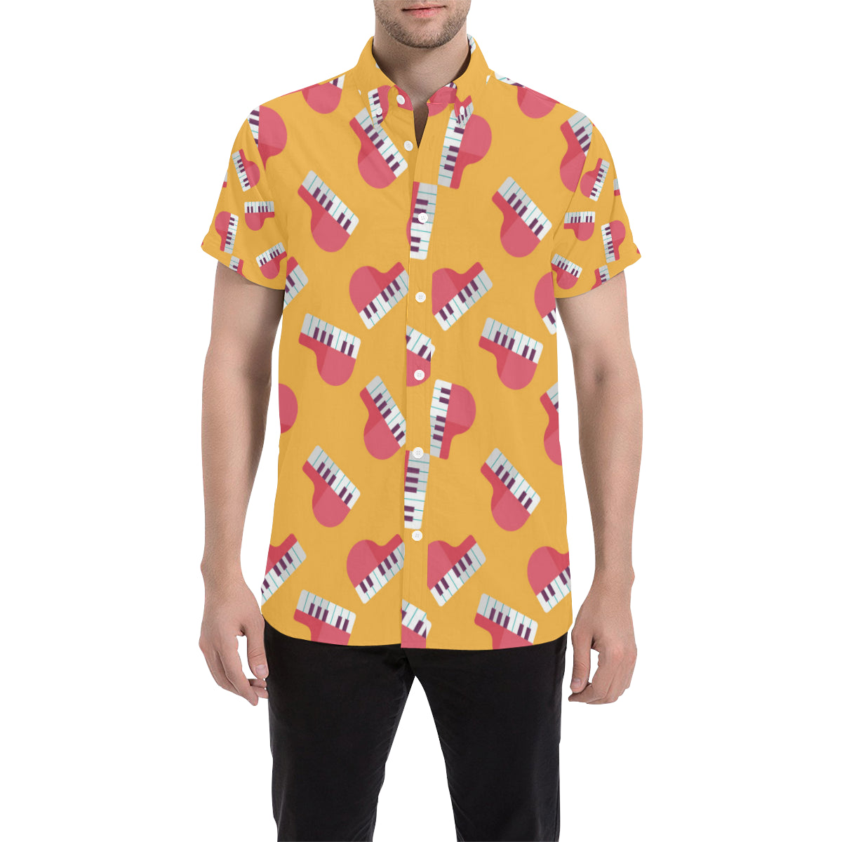 Piano Pattern Print Design 02 Men's Short Sleeve Button Up Shirt