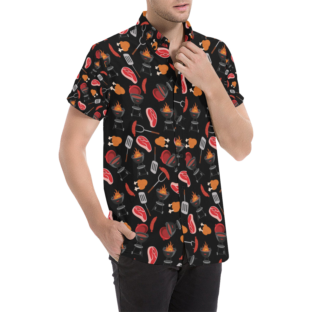 Barbecue Pattern Print Design 04 Men's Short Sleeve Button Up Shirt