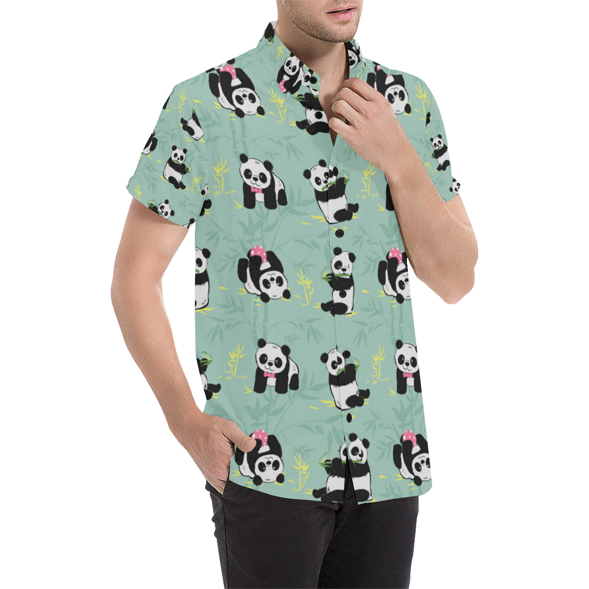 Panda Pattern Print Design A05 Men's Short Sleeve Button Up Shirt