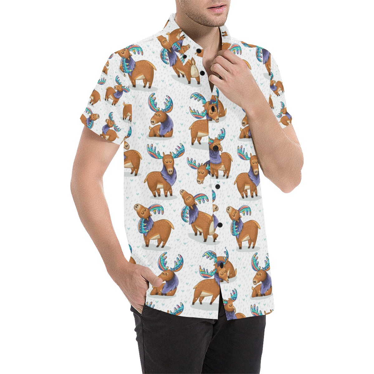 Moose Cute Pattern Print Design 01 Men's Short Sleeve Button Up Shirt