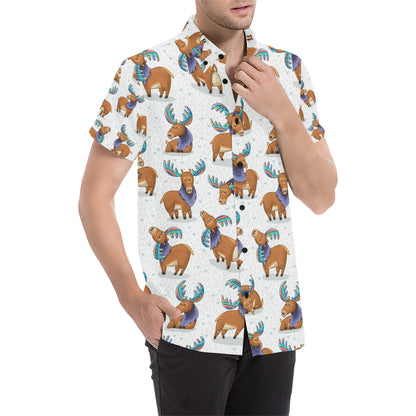 Moose Cute Pattern Print Design 01 Men's Short Sleeve Button Up Shirt