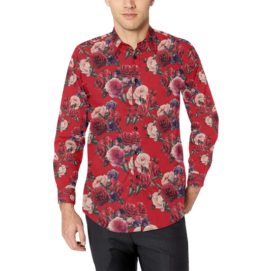 Rose Red Pattern Print Design RO07 Men's Long Sleeve Shirt