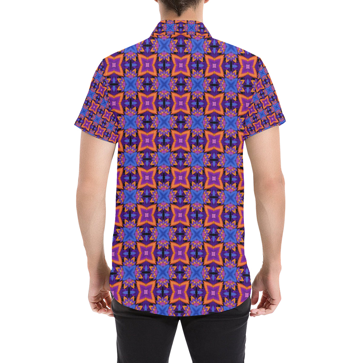 kaleidoscope Purple Orange Print Design Men's Short Sleeve Button Up Shirt