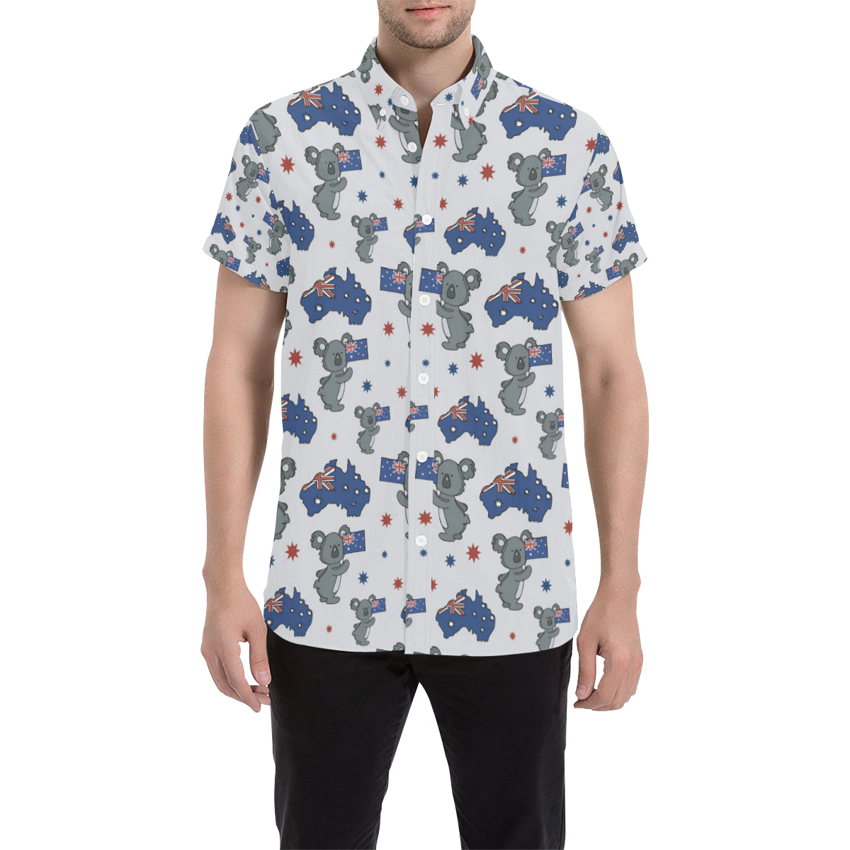 Koala Australia Day Themed Design Men's Short Sleeve Button Up Shirt