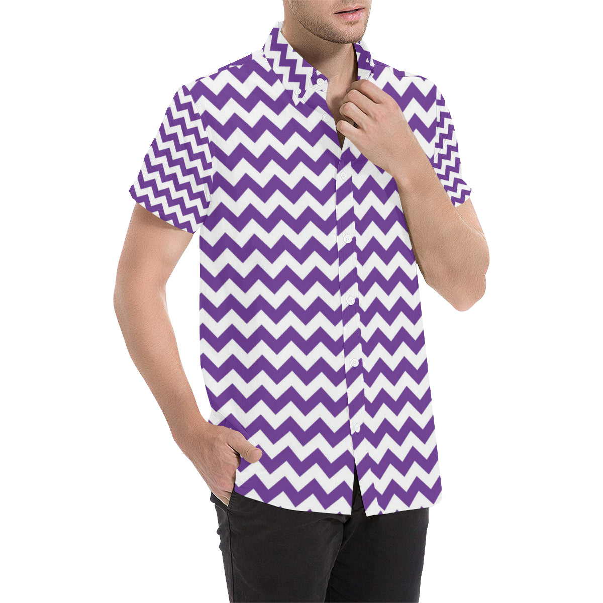 Chevron Purple Pattern Print Design 03 Men's Short Sleeve Button Up Shirt