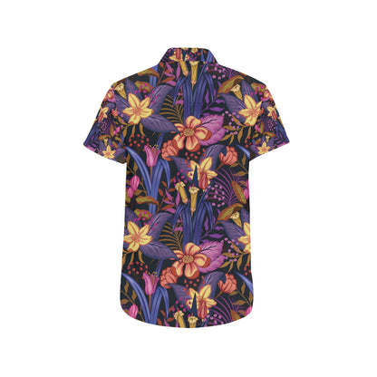 Lily Pattern Print Design LY016 Men's Short Sleeve Button Up Shirt