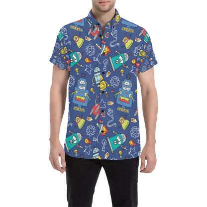 Robot Pattern Print Design A03 Men's Short Sleeve Button Up Shirt