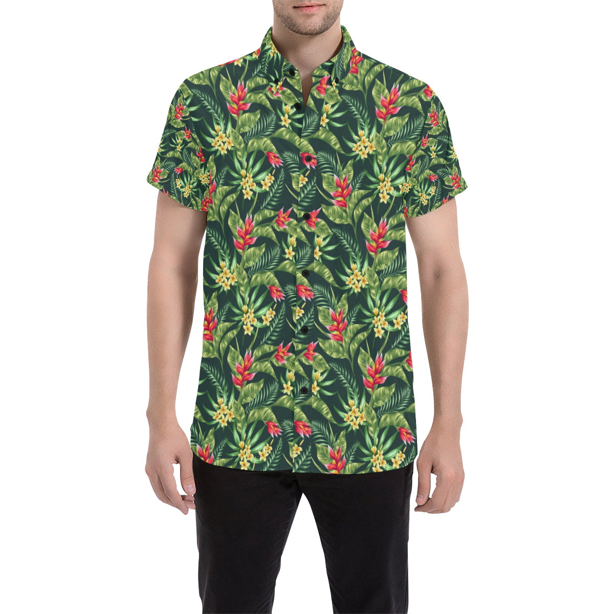 Tropical Folower Red Heliconia Print Men's Short Sleeve Button Up Shirt