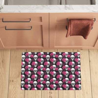 Pink Rose Skull Themed Print Kitchen Mat