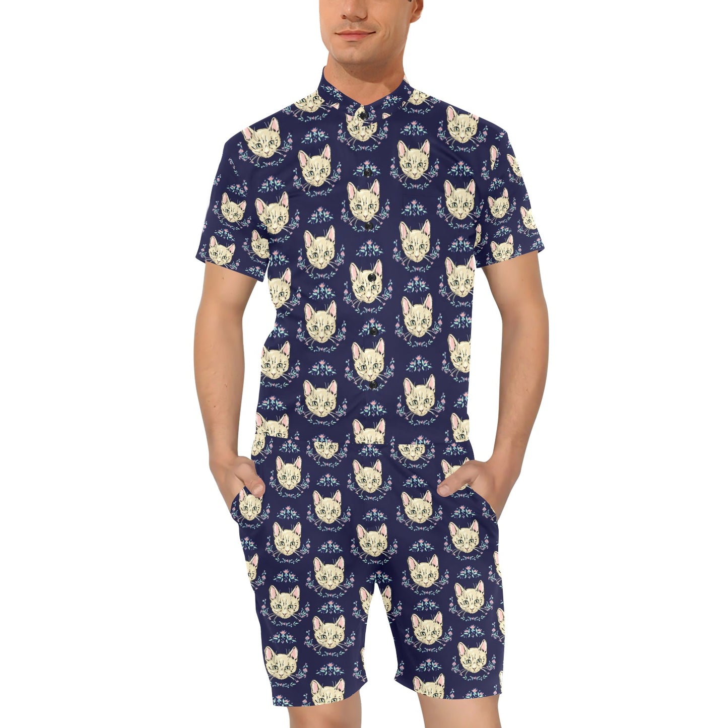 Cat Head with flower Print Pattern Men's Romper