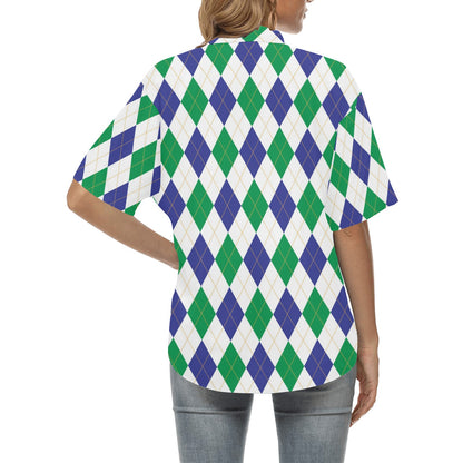 Argyle Green Blue Pattern Print Design 03 Women's Hawaiian Shirt