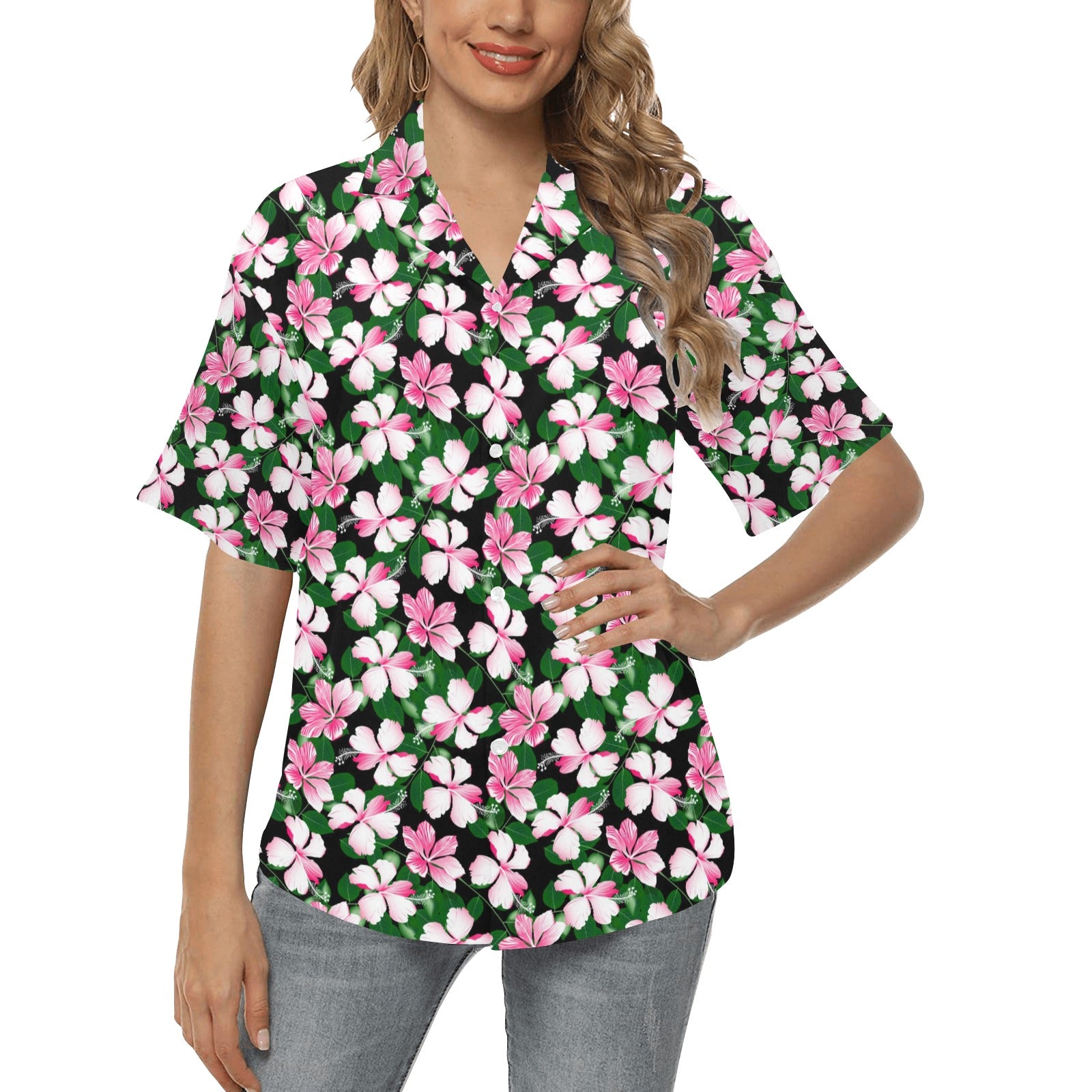 Hibiscus Pink Flower Hawaiian Print Women's Hawaiian Shirt