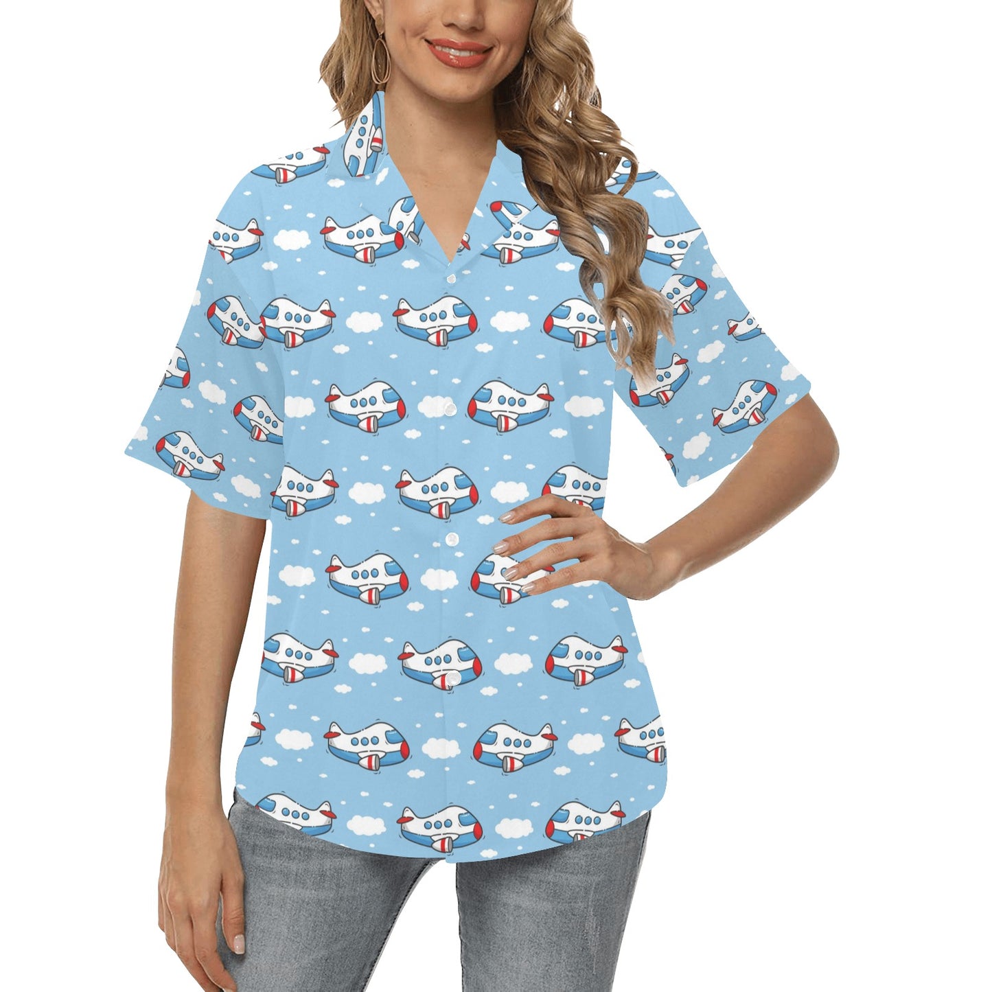 Airplane Cartoon Pattern Print Design 07 Women's Hawaiian Shirt