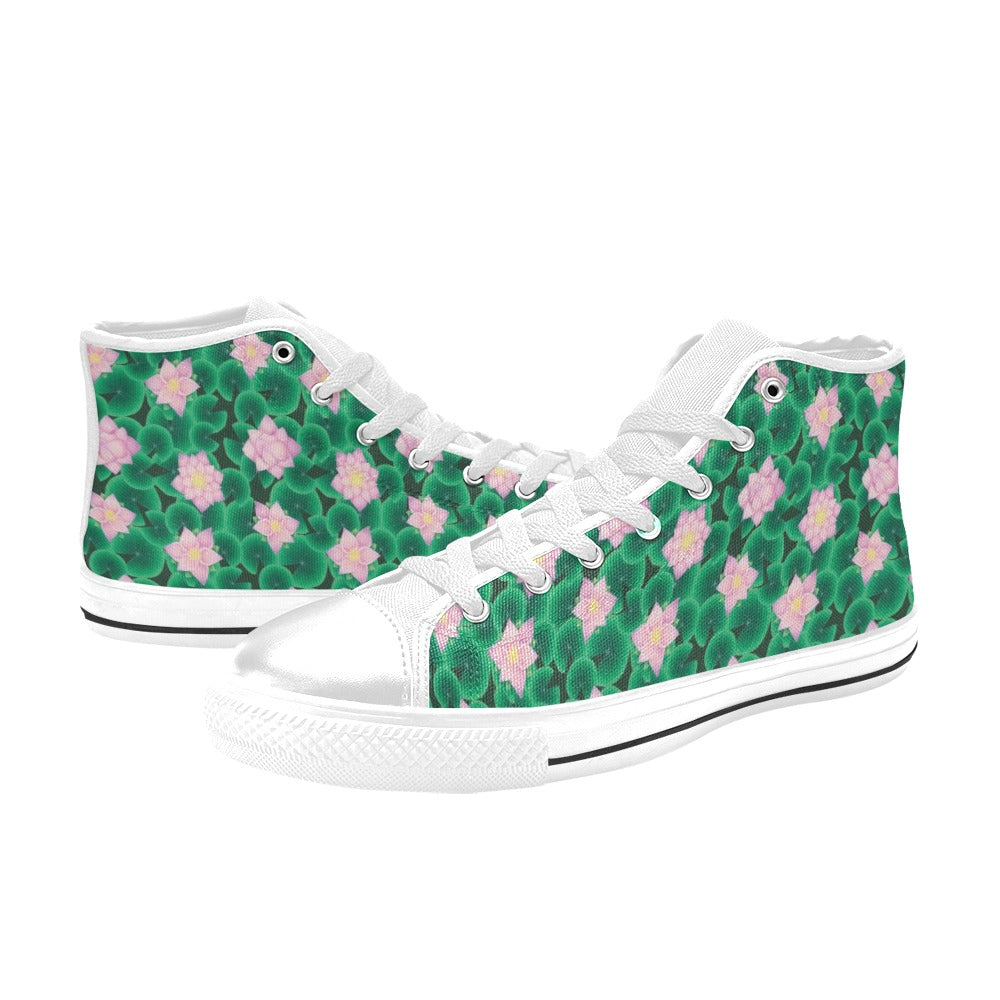Water Lily Print Design LKS303 High Top Women's White Shoes
