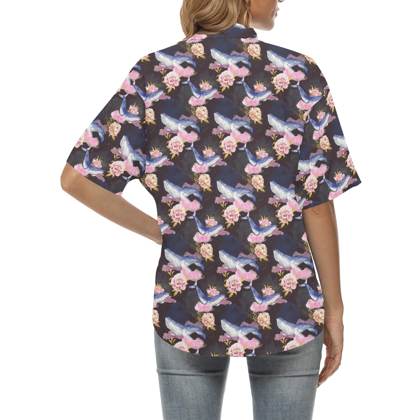 Blue Whale Print Design LKS401 Women's Hawaiian Shirt