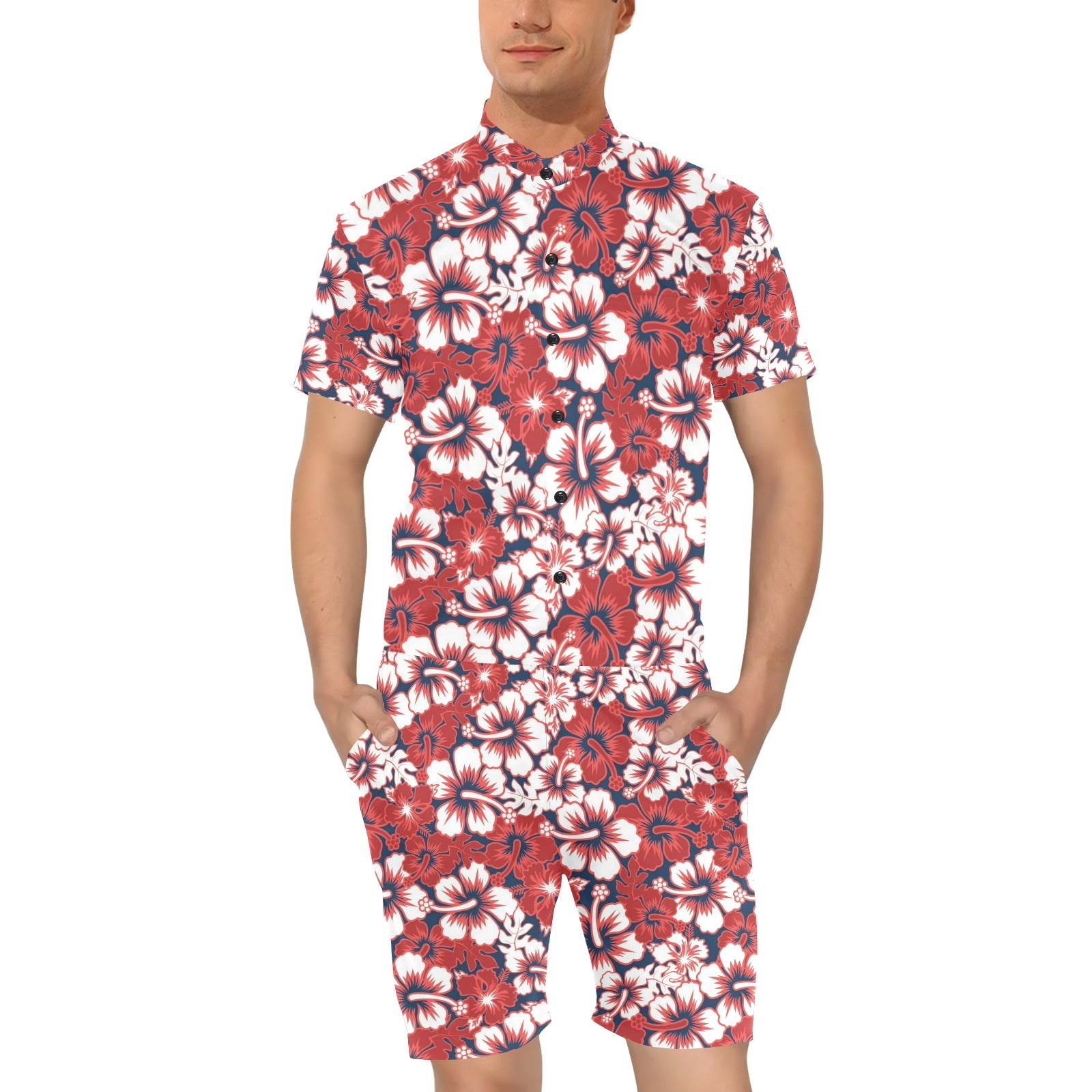 Red Hibiscus Pattern Print Design HB01 Men's Romper