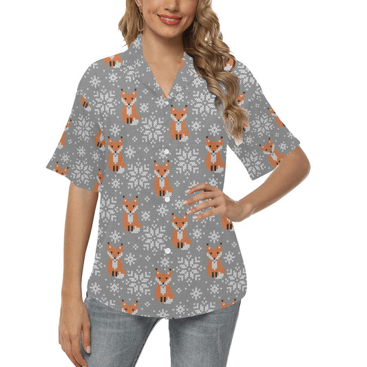 Knit Red Fox Pattern Print Design 02 Women's Hawaiian Shirt