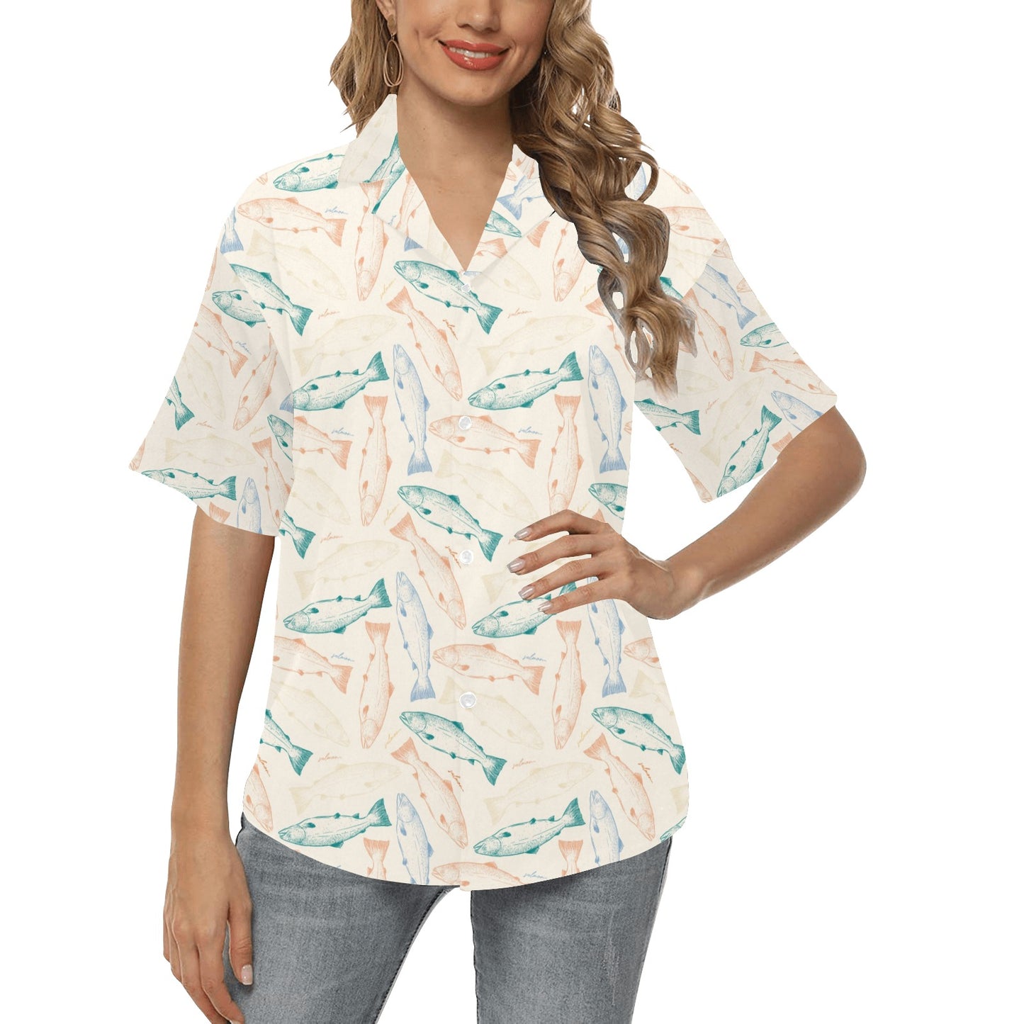 Salmon Fish Print Design LKS305 Women's Hawaiian Shirt