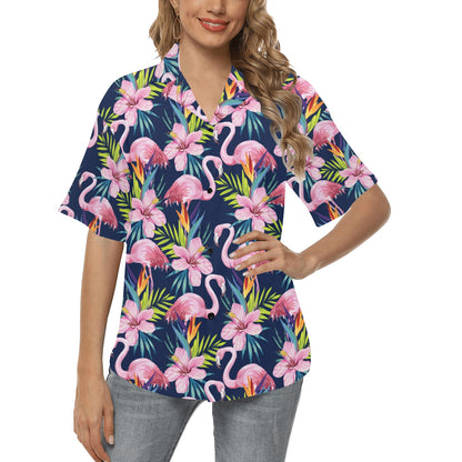 Flamingo Hibiscus Print Women's Hawaiian Shirt
