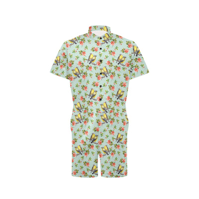 Bird with Red Flower Print Pattern Men's Romper