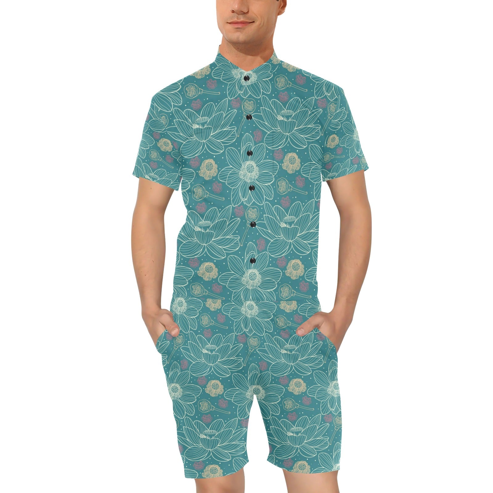 Lotus Pattern Print Design 01 Men's Romper