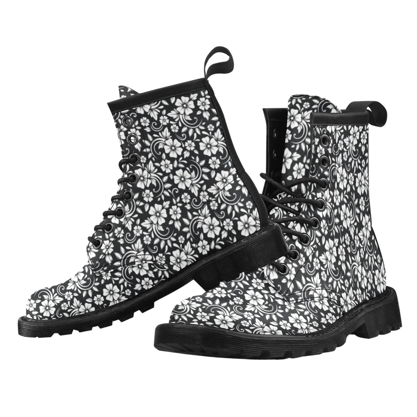 Floral Black White Themed Print Women's Boots