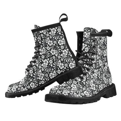 Floral Black White Themed Print Women's Boots