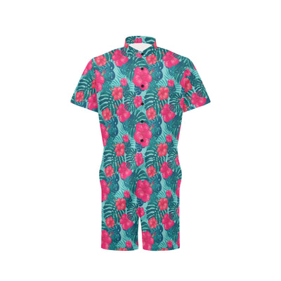 Red Hibiscus Pattern Print Design HB017 Men's Romper