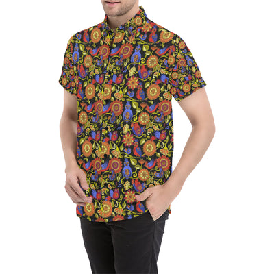 Steampunk Bird Design Themed Print Men's Short Sleeve Button Up Shirt