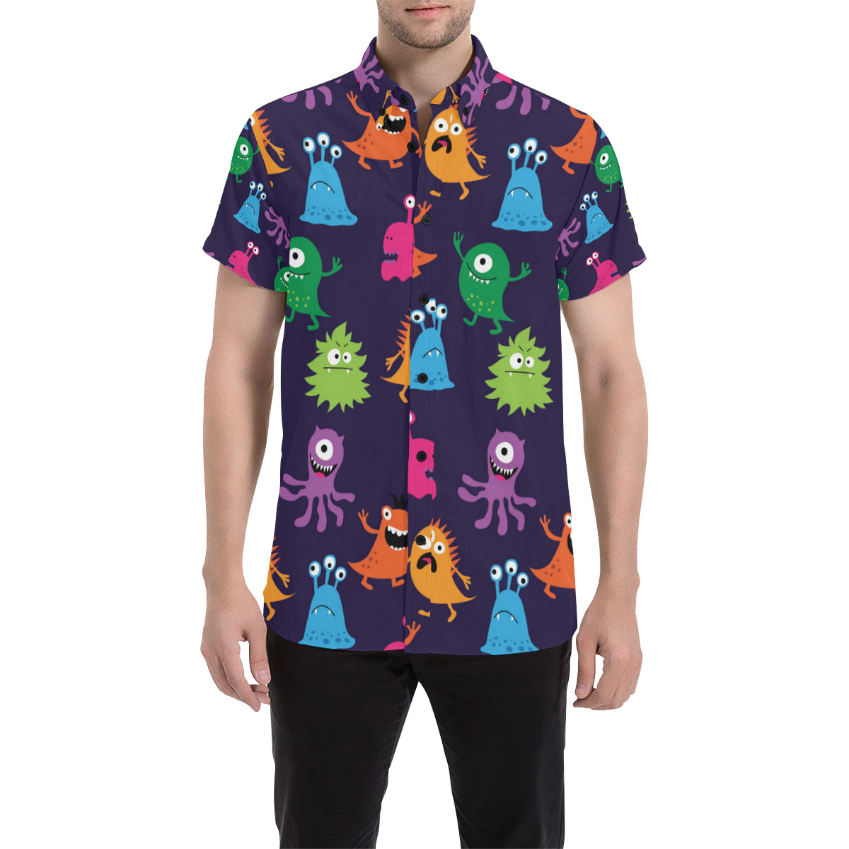Monster Cartoon Pattern Print Design 02 Men's Short Sleeve Button Up Shirt