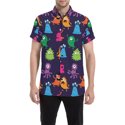 Monster Cartoon Pattern Print Design 02 Men's Short Sleeve Button Up Shirt