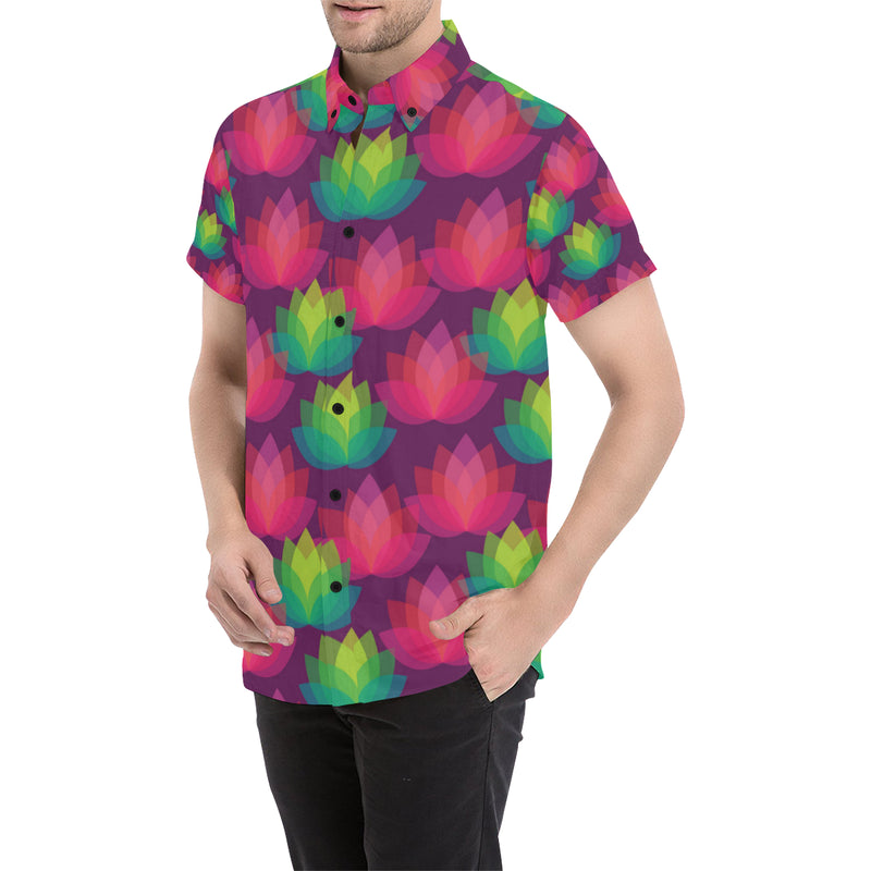 Lotus Pattern Print Design 02 Men's Short Sleeve Button Up Shirt